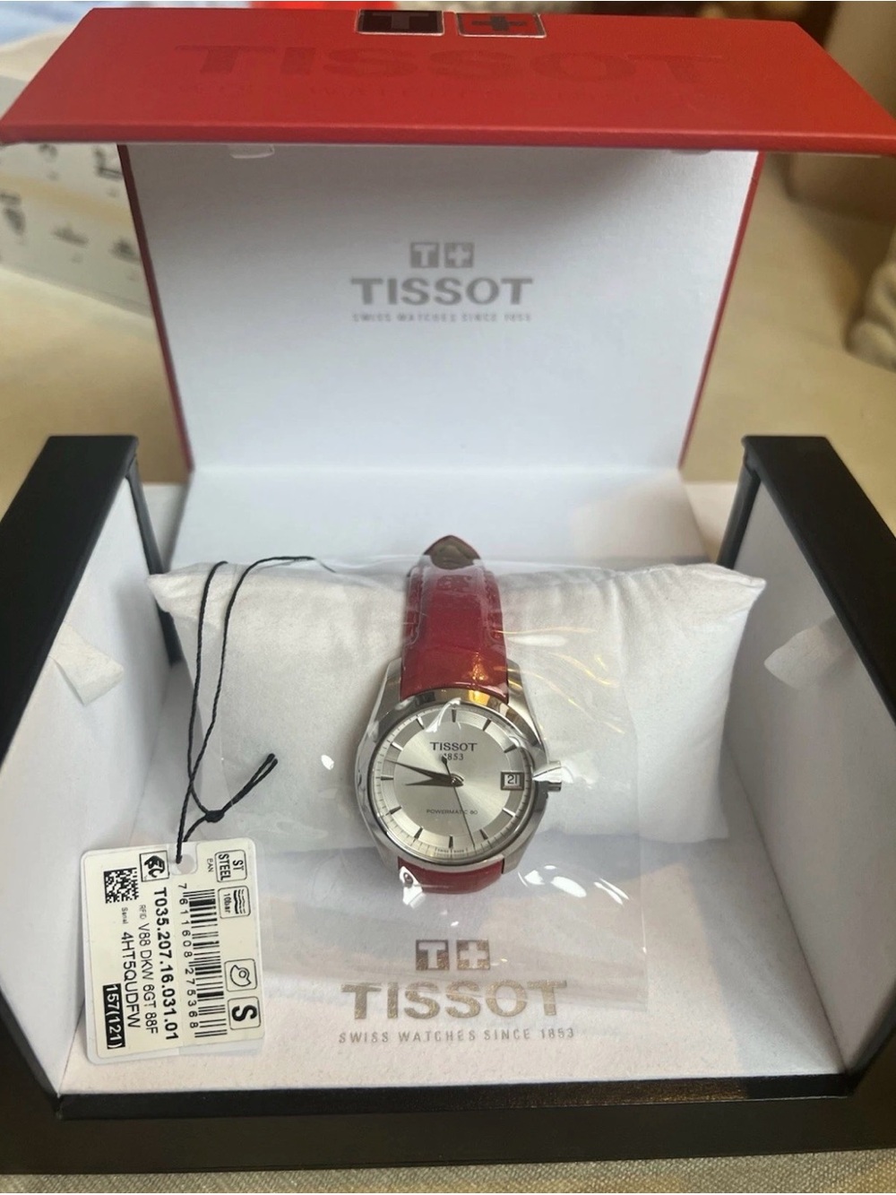 Tissot Silver Courtier Dial Watch with Red Leather Strap